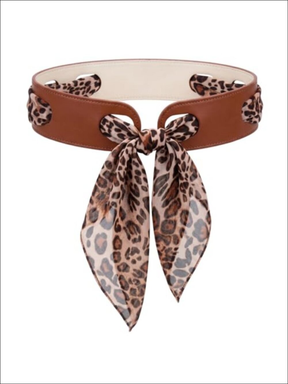 PU Leather Reversible Belt & Leopard Chiffon Scarf Set Waist Accessory